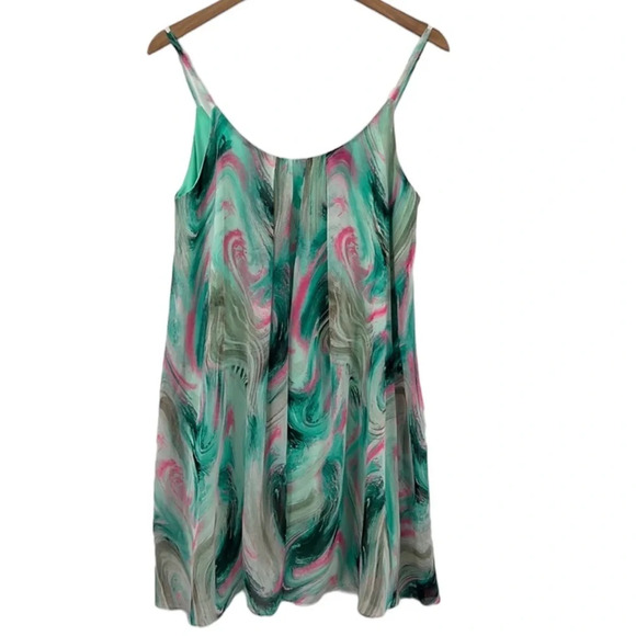 Adrienne Sundress Womens Small Green Swirl Print Flowy Spaghetti Strap Tunic - Picture 1 of 8